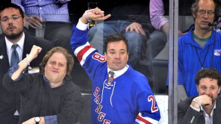 Jimmy Fallon attends The Tampa Bay Lightning vs New York Rangers playoff game at Madison Square Garden on May 18, 2015 in New York City.