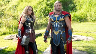 Natalie Portman, left, and Chris Hemsworth in a scene from "Thor: Love and Thunder."