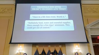 Social media posts are displayed as the House select committee investigating the Jan. 6 attack on the U.S. Capitol holds a hearing at the Capitol in Washington, Tuesday, July 12, 2022.