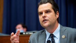 U.S. Representative Matt Gaetz (R-FL) questions General Mark A. Milley, chairman of the Joint Chiefs of Staff and Secretary of Defense Lloyd Austin during a House Armed Services Committee hearing on “Ending the U.S. Military Mission in Afghanistan” in the Rayburn House Office Building in Washington, September 29, 2021.
