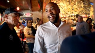 Wisconsin Lieutenant Governor Mandela Barnes who is running to become the Democratic nominee for the U.S. senate greets guests during a campaign event at The Wicked Hop on August 07, 2022 in Milwaukee, Wisconsin.