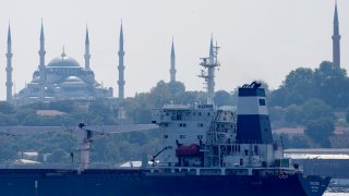 The cargo ship Razoni crosses the Bosphorus Strait