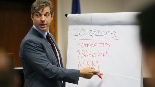 Alex Jones' lawyer Andino Reynal gives his opening statement to the jury, Tuesday, July 26, 2022, at the Travis County Courthouse in Austin, Texas.