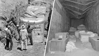 Left: In this July 20, 1976, photo, officials remove a moving van buried at a rock quarry in Livermore, Calif., in which 26 Chowchilla school children and their bus driver were held captive. Right: In this July 23, 1976, photo, the inside of the moving van in which the children and their bus driver were held captive is seen in a Livermore, Calif., quarry.