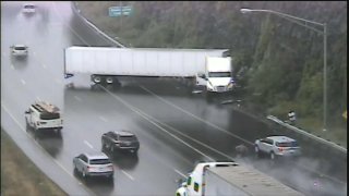 Jackknifed tractor-trailer on Interstate 84 in New Britain