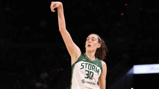Breanna Stewart #30 of the Seattle Storm shoots the ball during the game against the Las Vegas Aces on August 14, 2022 at Michelob ULTRA Arena in Las Vegas, Nevada.