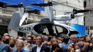 A Joby Aviation Air Taxi is seen outside of the New York Stock Exchange (NYSE) ahead of their listing in Manhattan, New York City, U.S., August 11, 2021.