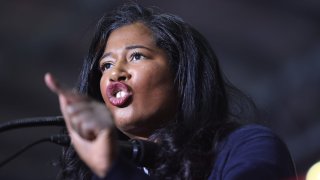 Kristina Karamo, who is running for the Michigan Republican party’s nomination for secretary of state, speaks at a rally hosted by former President Donald Trump on April 02, 2022 near Washington, Michigan.