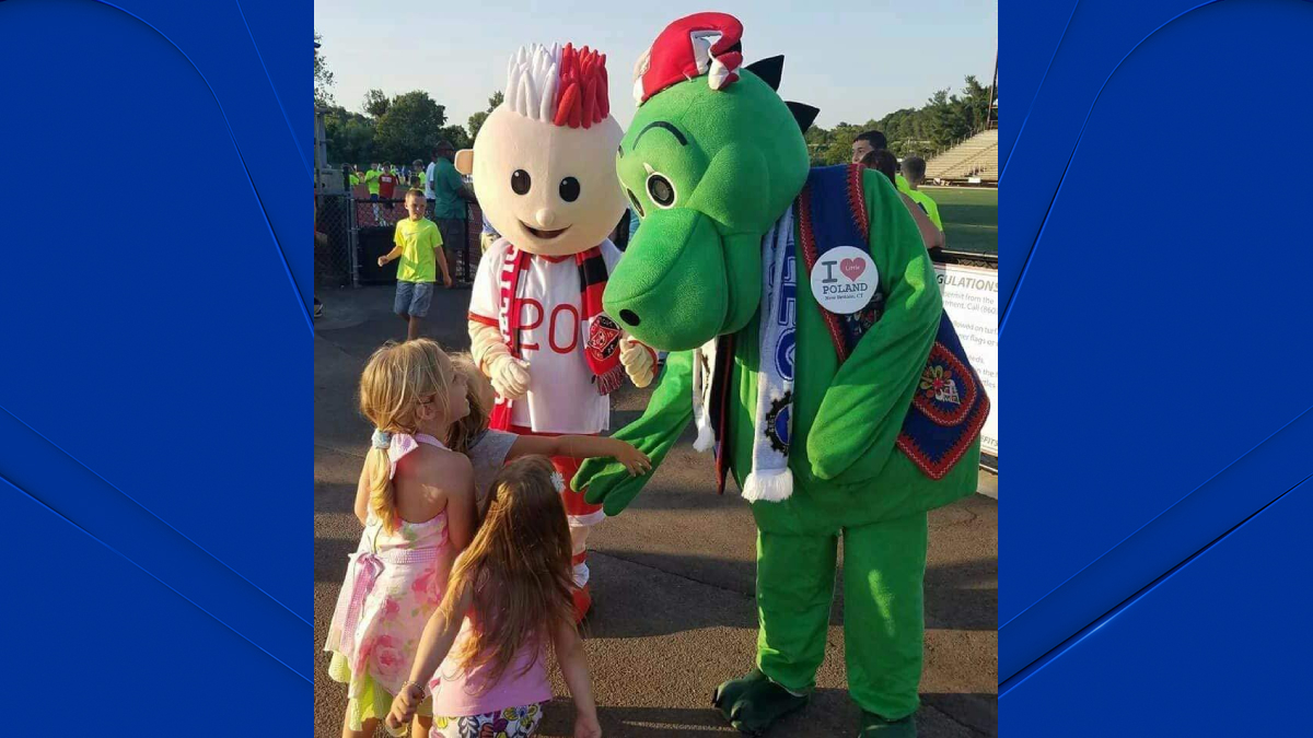 Slyde, the New England Revolution mascot, stands in the tunnel