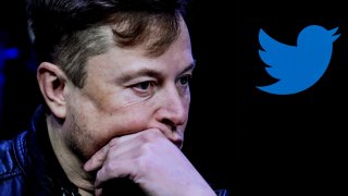 In this photo illustration, the image of Elon Musk is displayed on a computer screen and the logo of twitter on a mobile phone in Ankara, Turkiye on October 06, 2022.