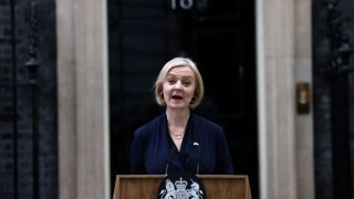British Prime Minister Liz Truss announces her resignation, outside Number 10 Downing Street, London, Britain October 20, 2022.