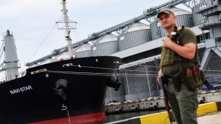 A Ukrainian serviceman stands in front of silos of grain from Odesa Black Sea port, before the shipment of grain as the government of Ukraine awaits signal from UN and Turkey to start grain shipments, amid Russia’s invasion of Ukraine, in Odesa, Ukraine July 29, 2022. REUTERS/Nacho Doce