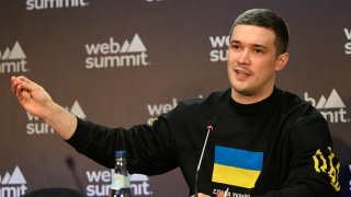 Ukrainian Vice Prime Minister Mykhailo Fedorov speaks at a Nov. 3 press conference at the 2022 Web Summit event.