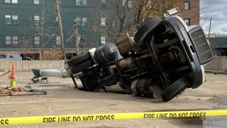 cement truck that fell through a level of a parking garage in Danbury