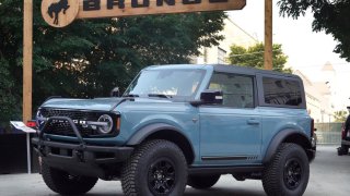 A new Ford Bronco is displayed at the Chicago Auto Show on July 14, 2021 in Chicago, Illinois. The show, which opens to the public tomorrow, is the first major auto show to be held in the United States since the start of the pandemic.