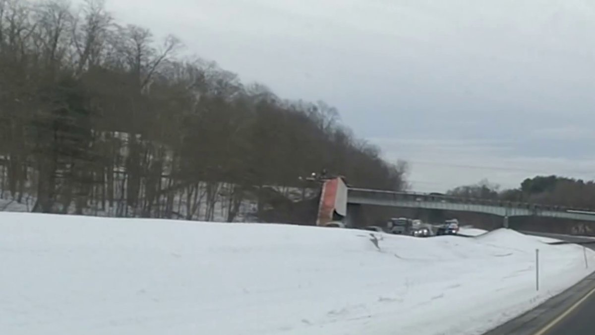 Truck Hanging Over Overpass After Crash on Route 8 in Torrington NBC