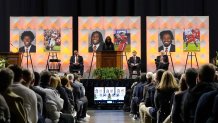 University of Virginia Athletic Director Carla Williams speaks during a memorial service for three slain University of Virginia football players Lavel Davis Jr., DSean Perry and Devin Chandler at John Paul Jones Arena at the school on November 19, 2022 in Charlottesville, Virginia.