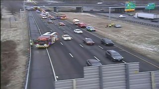Firetruck and cars on Interstate 91 in Rocky Hill
