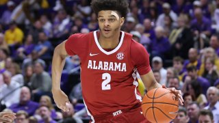 BATON ROUGE, LOUISIANA – MARCH 05: Darius Miles #2 of the Alabama Crimson Tide drives with the ball against the LSU Tigers during a game at the Pete Maravich Assembly Center on March 05, 2022 in Baton Rouge, Louisiana.
