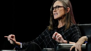Cathie Wood, chief executive officer and chief investment officer, Ark Invest, gestures as she speaks during the Bitcoin 2022 Conference at Miami Beach Convention Center on April 7, 2022 in Miami, Florida.