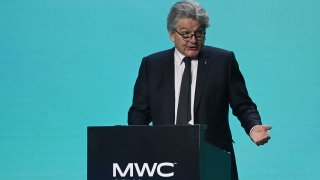 European Commissioner for Internal Market Thierry Breton delivers a speech during a press conference at the Mobile World Congress in Barcelona.