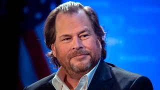 Marc Benioff, co-founder and CEO of Salesforce, speaks at an Economic Club of Washington luncheon in Washington, DC, on Oct. 18, 2019.