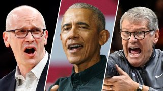 UConn Men's basketball coach Dan Hurley, left, Women's basketball coach Geno Auriemma, right, and former President Barack Obama, center.