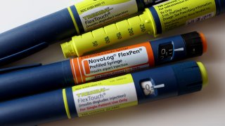 In this photo illustration, insulin pens manufactured by the Novo Nordisk company are displayed on March 14, 2023 in Miami, Florida.