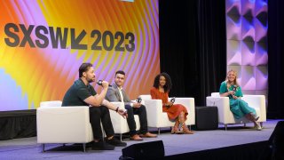 (L-R) Alexis Ohanian Sr., Rostam Reifschneider, Maya Penn and Lissie Garvin speak onstage at “Featured Session: Empowering the Next Generation to Build a Better Future” during the 2023 SXSW Conference and Festivals at Hilton Austin on March 13, 2023 in Austin, Texas.