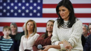 Republican presidential candidate and former U.S. Ambassador to the United Nations Nikki Haley listens as she is introduced at a campaign town hall meeting, in Salem, New Hampshire, U.S., March 28, 2023.