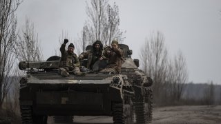 Ukrainian soldiers are seen on a tank amid Russia-Ukraine war in Donetsk Oblast, Ukraine , on March 29, 2023.