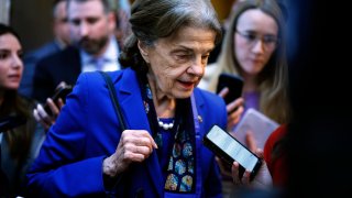 File - Sen. Dianne Feinstein (D-Calif.) heads to the Senate Chamber for a vote in the U.S. Capitol on Feb. 14, 2023 in Washington, DC.