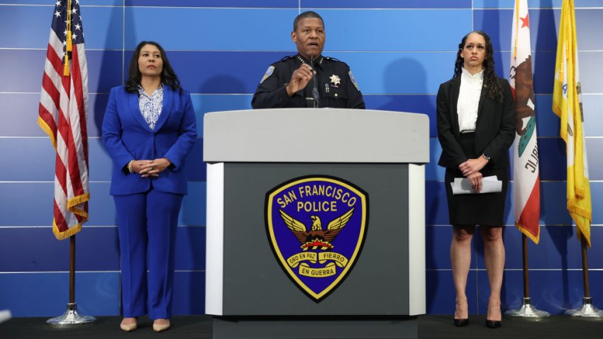 SAN FRANCISCO, CALIFORNIA – APRIL 13:  San Francisco police chief William Scott (C) speaks during a press conference with San Francisco Mayor London Breed (L) and San Francisco district attorney Brooke Jenkins (R) at San Francisco Police headquarters on April 13, 2023 in San Francisco, California. San Francisco police arrested 38 year-old tech tech entrepreneur Nima Momeni at his home in Emeryville, California in connection with the stabbing murder of Cash App founder Bob Lee. Momeni was taken into custody without incident.