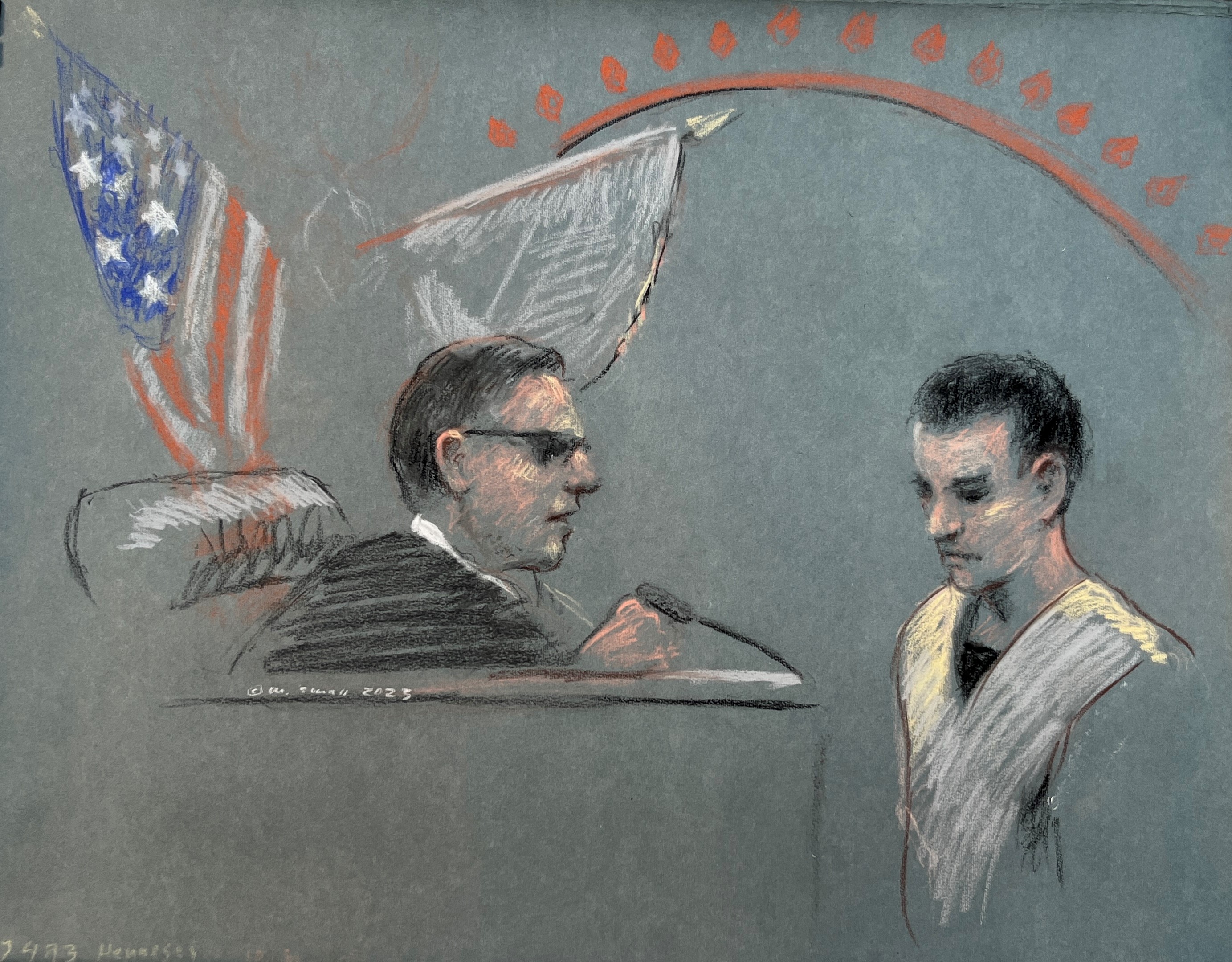 Massachusetts Air National Guardsman Jack Teixeira, right, appears in U.S. District Court in Boston, Friday, April 14, 2023. He is accused in the leak of highly classified military documents as prosecutors unsealed charges and revealed how billing records and interviews with social media comrades helped pinpoint Teixeira.