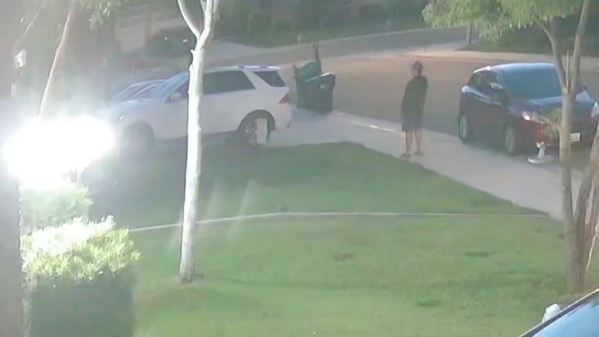 A man stands on a sidewalk next to an SUV during an attempted child kidnapping.