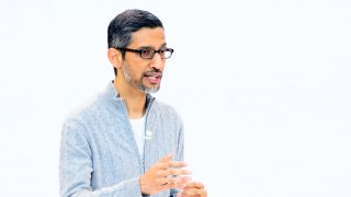 Google CEO Sundar Pichai speaks on-stage during the Google I/O keynote session at the Google Developers Conference in Mountain View, California, on May 10, 2023. 