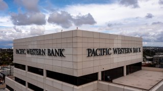 In an aerial view, a Pacific Western Bank building is seen on May 4, 2023 in Los Angeles, California.