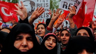 Supporters of Turkish President Tayyip Erdogan attend a rally ahead of the May 14 presidential and parliamentary elections, in Istanbul, Turkey, on May 12, 2023.