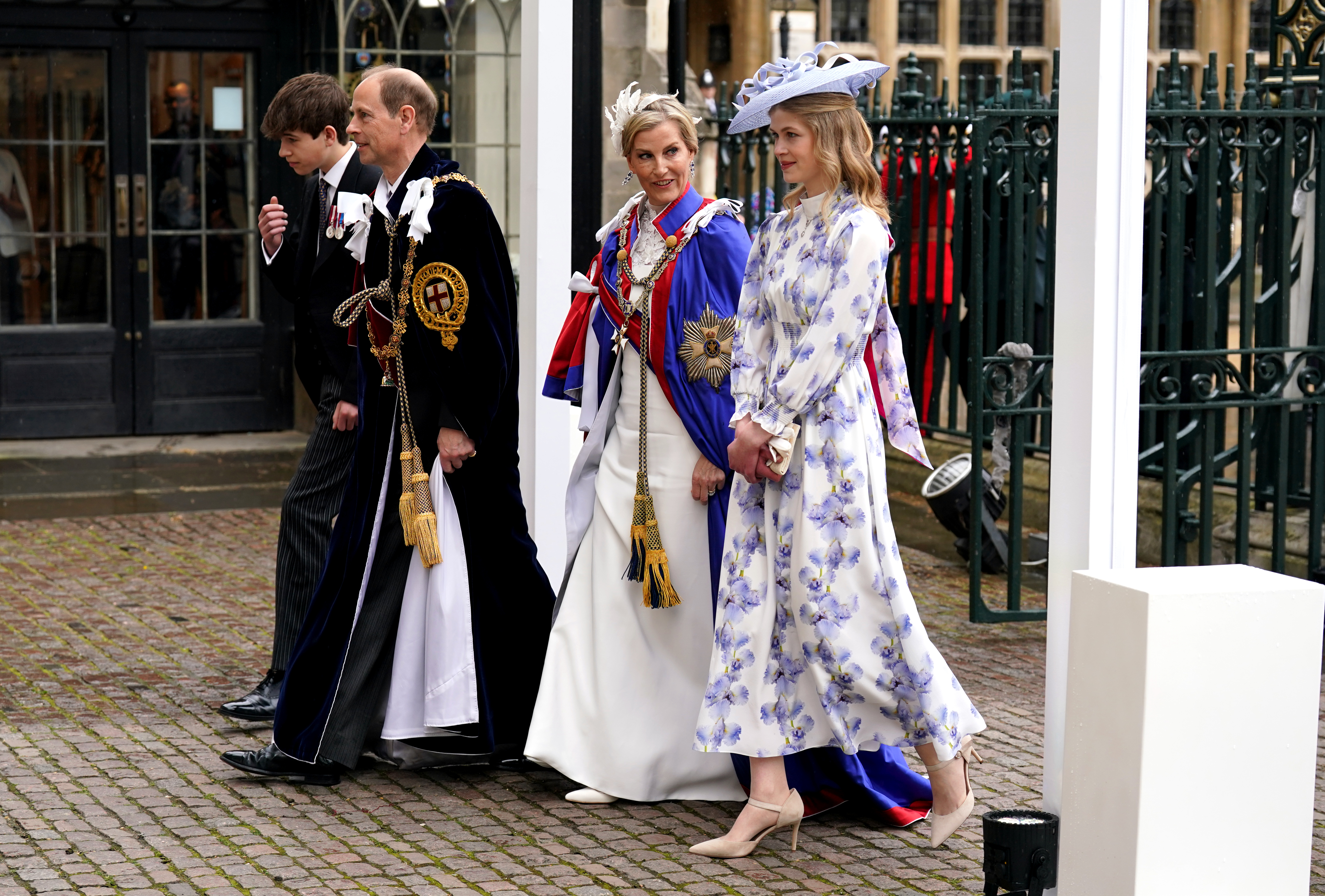 Prince Edward and Sophie, Duke and Duchess of Edinburgh, arriving with Lady Louise Windsor, right, and the Earl of Wessex, left, at the Coronation of King Charles III and Queen Camilla on May 6, 2023 in London, England.