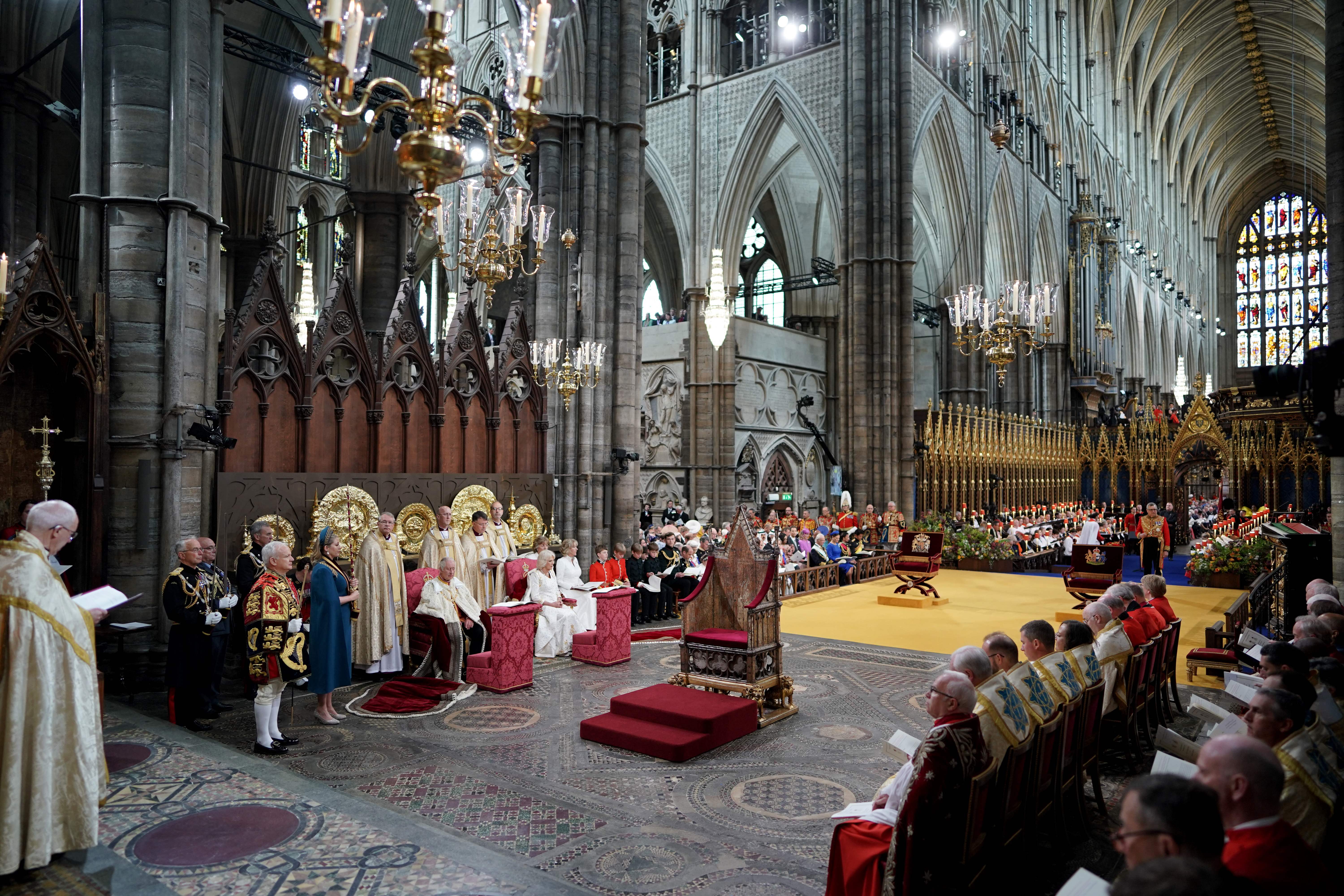 King Charles III and Camilla, Queen Consort, at their coronations at Westminster Abbey, in central London on May 6, 2023.