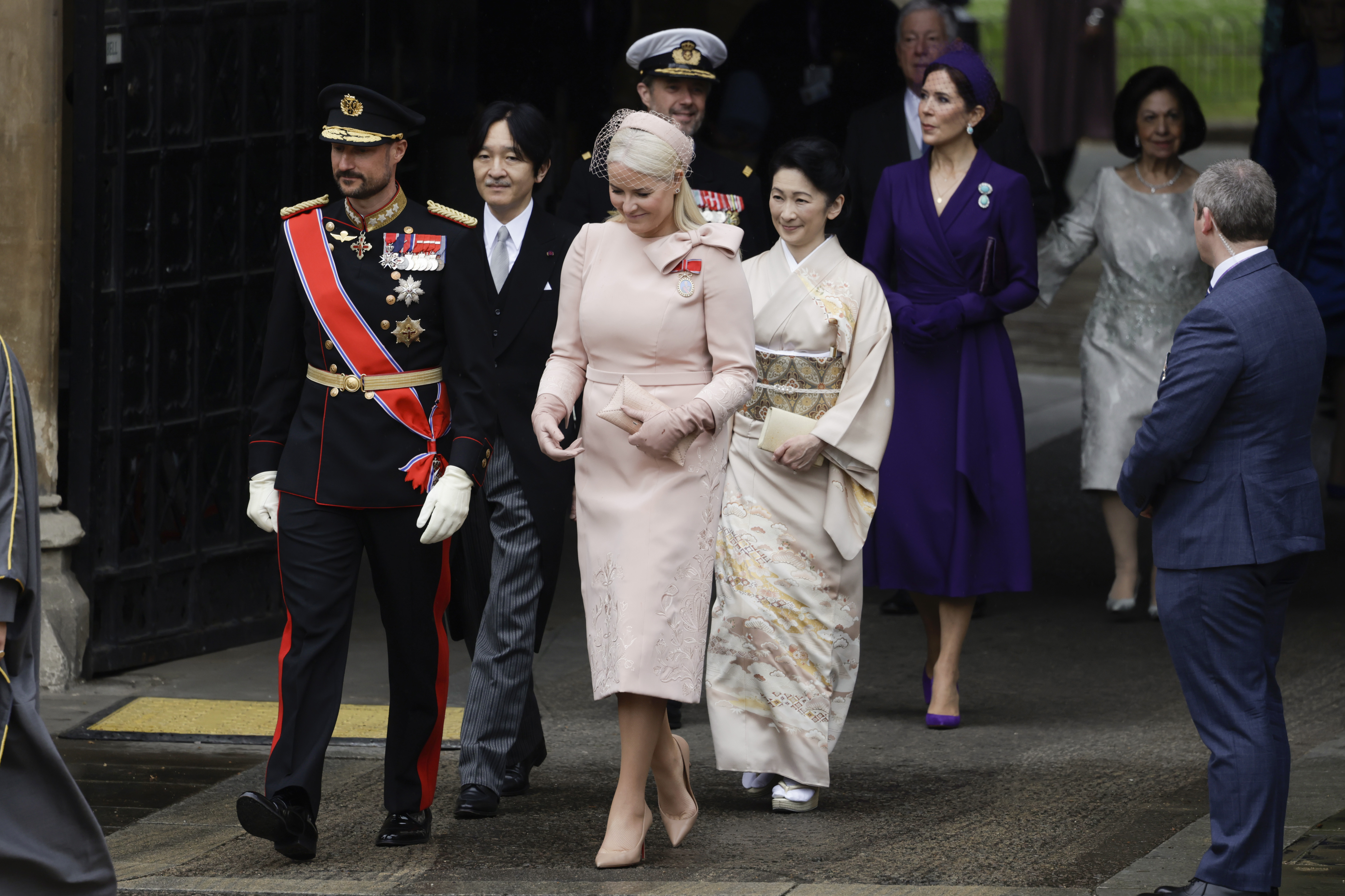 From left: Haakon, Crown Prince of Norway, Crown Prince Akishino, Jayde Adams, Crown Prince Frederik of Denmark, Princess Kiko, Crown Prince Alexander of Serbia and Mary, Crown Princess of Denmark attend the Coronation of King Charles III and Queen Camilla on May 6, 2023 in London, England.