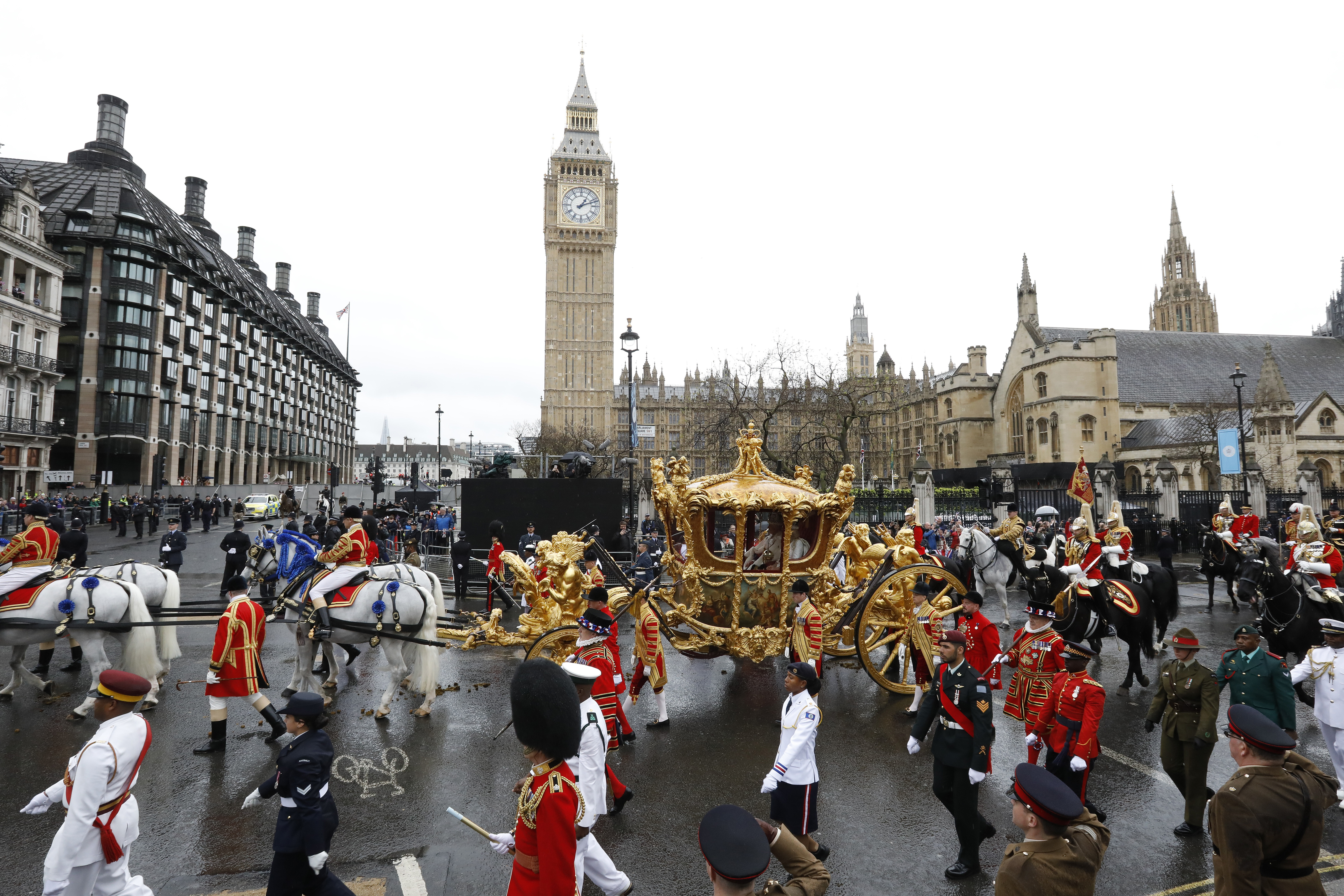 King Charles III and Queen Camilla sets off from Westminster Abbey on route to Buckingham Palace during the Coronation of King Charles III and Queen Camilla on May 6, 2023 in London, England.