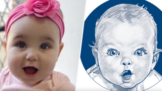 (L) Isa Slish, the 2022 Gerber baby, was the first "Spokesbaby" with a limb difference, and a sketch of Ann Turner Cook (R), the original Gerber baby