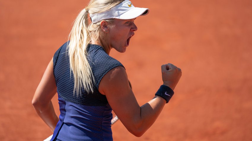 May 31, 2023; Paris,France; Peyton Stearns (USA) reacts to a point during her match against Jelena Ostapenko (LAT) on day four at Stade Roland-Garros.