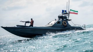 A boat of the Iranian Revolutionary Guard at undisclosed location off the coast of Bandar Abbas, Iran August 2019.