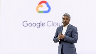 Thomas Kurian, CEO of Google Cloud, speaks at a cloud computing conference held by the company in 2019.