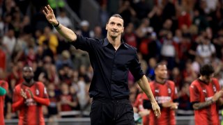 Zlatan Ibrahimovic of AC Milan celebrates at end of the Serie A match between AC Milan and Hellas Verona at Stadio Giuseppe Meazza on June 4, 2023 in Milan, Italy.