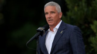 Jay Monahan, PGA TOUR Commissioner, speaks during the trophy ceremony during the final round of THE PLAYERS Championship on THE PLAYERS Stadium Course at TPC Sawgrass on March 12, 2023 in Ponte Vedra Beach, Fla.