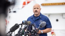 BOSTON, MASSACHUSETTS - JUNE 20: Capt. Jamie Frederick of the U.S. Coast Guard gives an update on the search efforts for five people aboard a missing submersible approximately 900 miles off Cape Cod, on June 20, 2023 in Boston, Massachusetts. The Coast Guard is racing to find a submersible with five passengers that went missing during a dive to the wreck of the Titanic. (Photo by Scott Eisen/Getty Images)