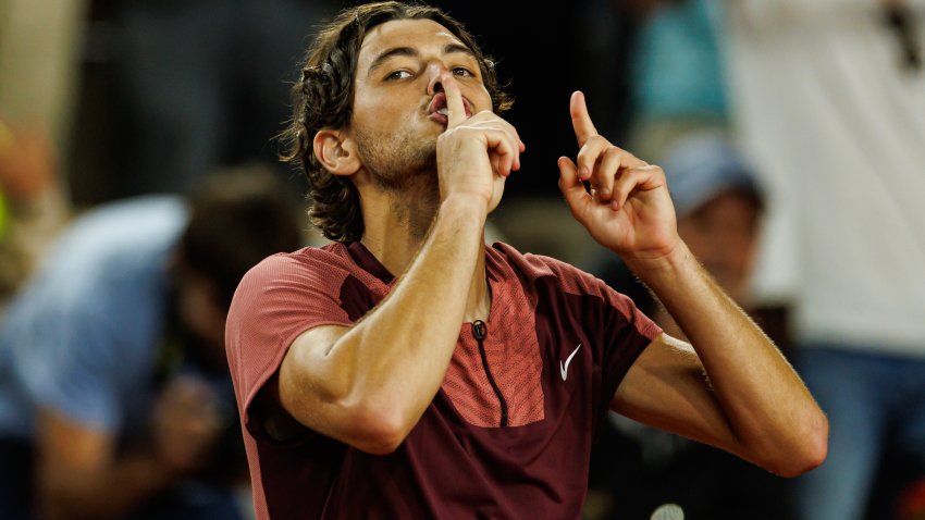Taylor Fritz of the United States  celebrates his victory over Arthur Rinderknech of France  in the second round of the men’s singles at Roland Garros on June 01, 2023 in Paris, France.